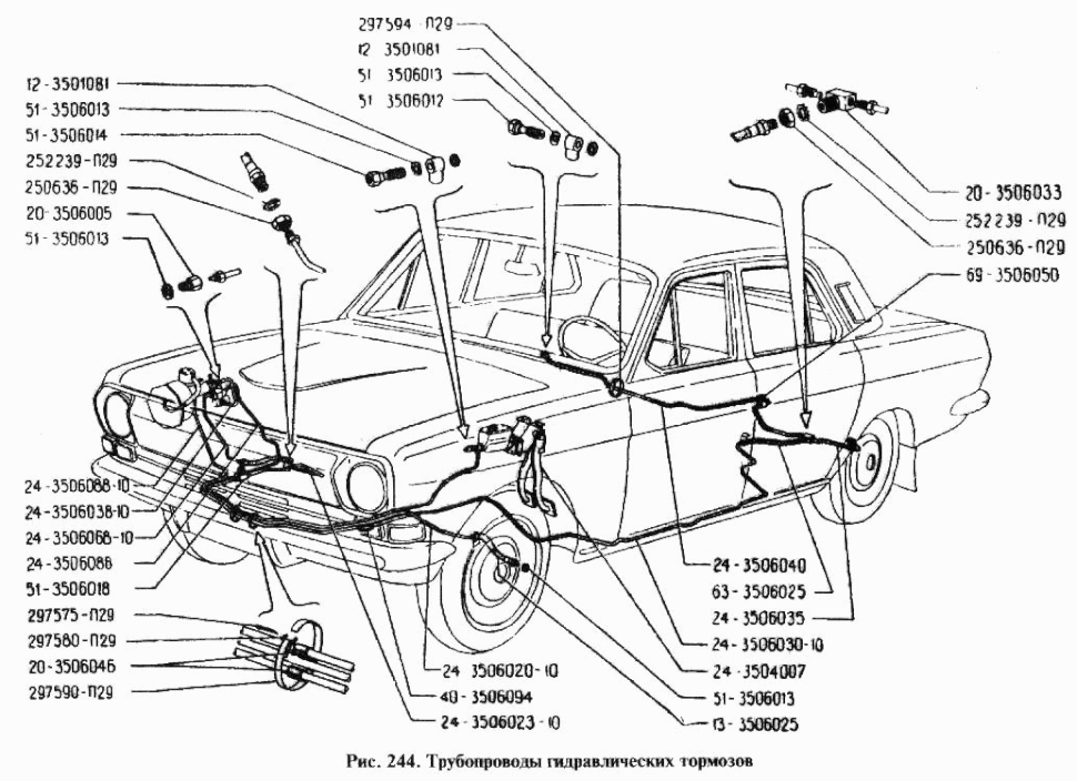 Bremsleitungen und Bremsschläuche GAZ 24, GAZ 24-01, Wolga. Brake pipes and brake hoses GAS 24, GAS 2401 Volga. Трубопроводы тормозов (Тормозные трубки и шланги) автомобиля ГАЗ 24,   ГАЗ 24-01 Волга.  