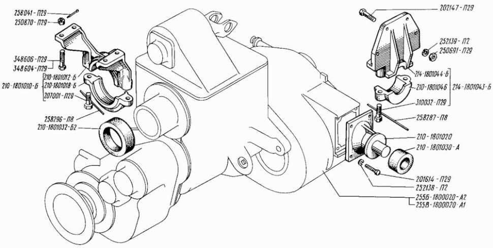 Verteilergetriebeaufhängung KRAZ 255, KRAZ 256. Transfer case mounting KRAS 255, KRAS 256. Подвеска раздаточной коробки грузового автомобиля КРАЗ-255, КРАЗ-256.