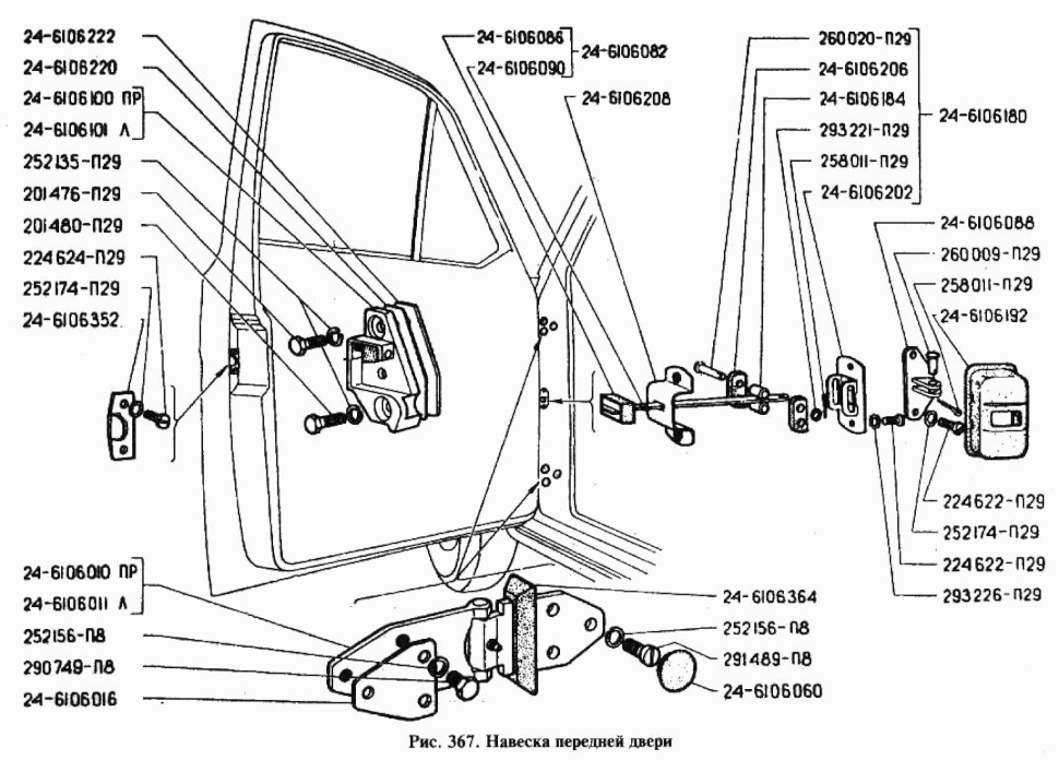 Anbauteile Tür vorne GAZ 24, GAZ 2401, GAZ 24-02, GAZ 24-24 Wolga, GAZ 24-76 «Scaldia». Навеска передней двери ГАЗ 24, ГАЗ 2401, ГАЗ 24-02, ГАЗ 24-24 Волга,  ГАЗ-24-76 Скалдия.