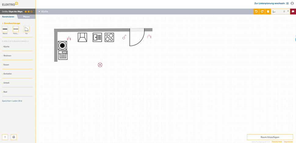 Screen der grafischen Planung eines Raumes mit dem Elektro+ Raumplaner