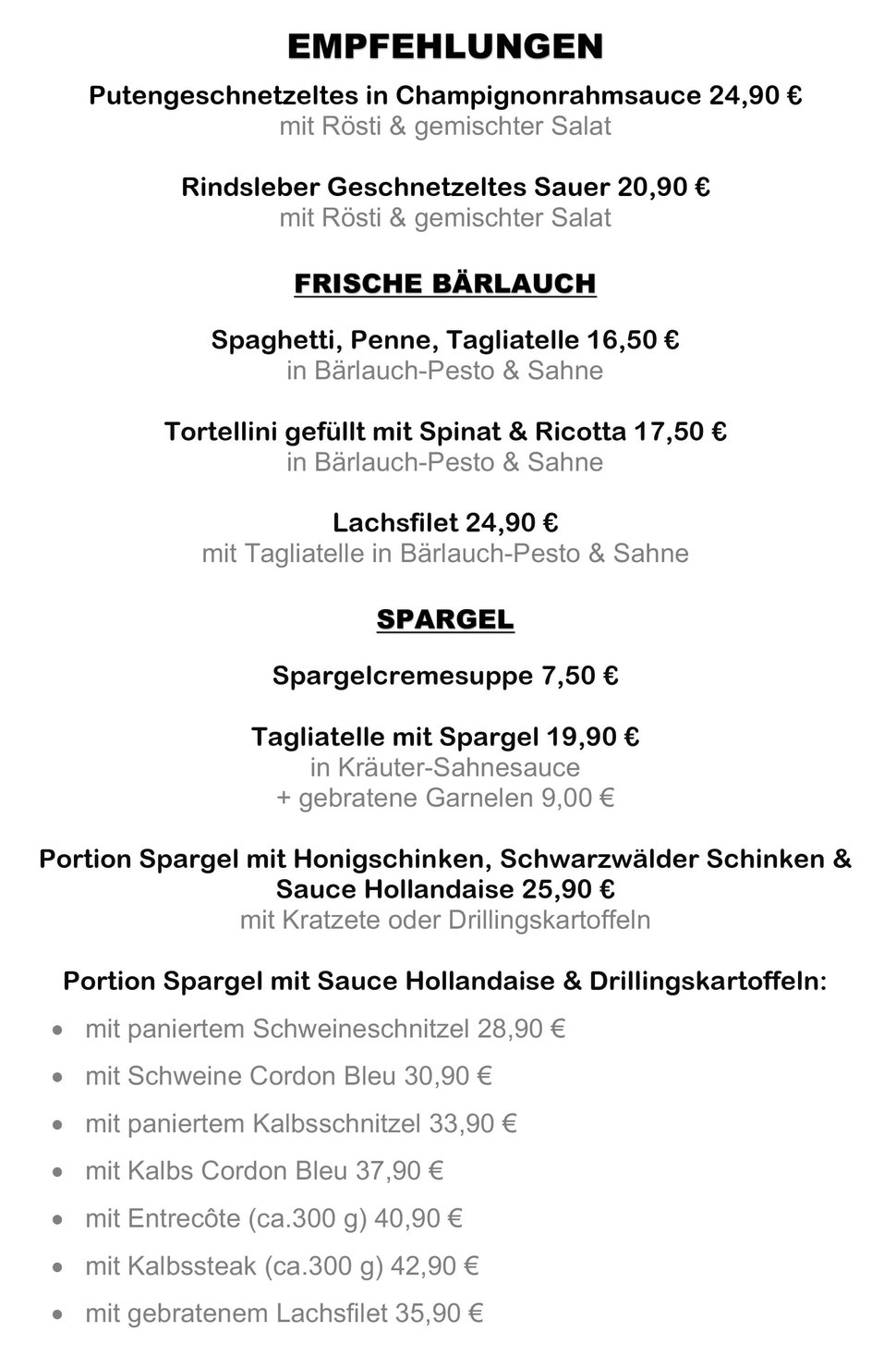 Speisekarte Bärlauch Spargel