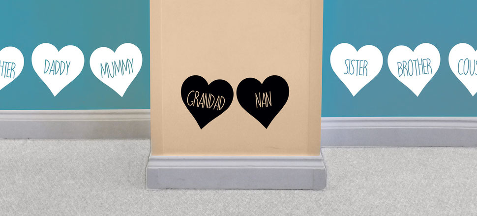 Grandad and Nan love heart family vinyl wall art decals. White love hearts are on the other walls with daughter, daddy, mummy, sister, brother and cousins. They come in many colours and a mix match of sizes and family names. From wallartcompany.co.uk