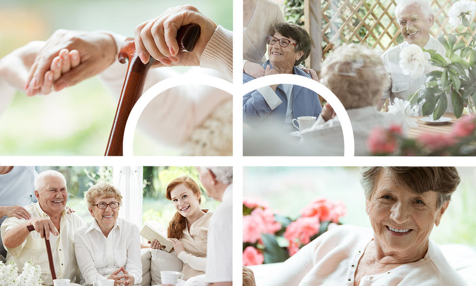 Bildcollage mit 4 Bildern: 1. Ältere Dame mit Gehilfe, hält die Hand ihrer Pflegerin. 2. Gruppe älterer Personen, die an einer Kaffeetafel sitzen. 3. Älteres Paar im Gespräch mit Pfleger. 4. Ältere lachende Dame