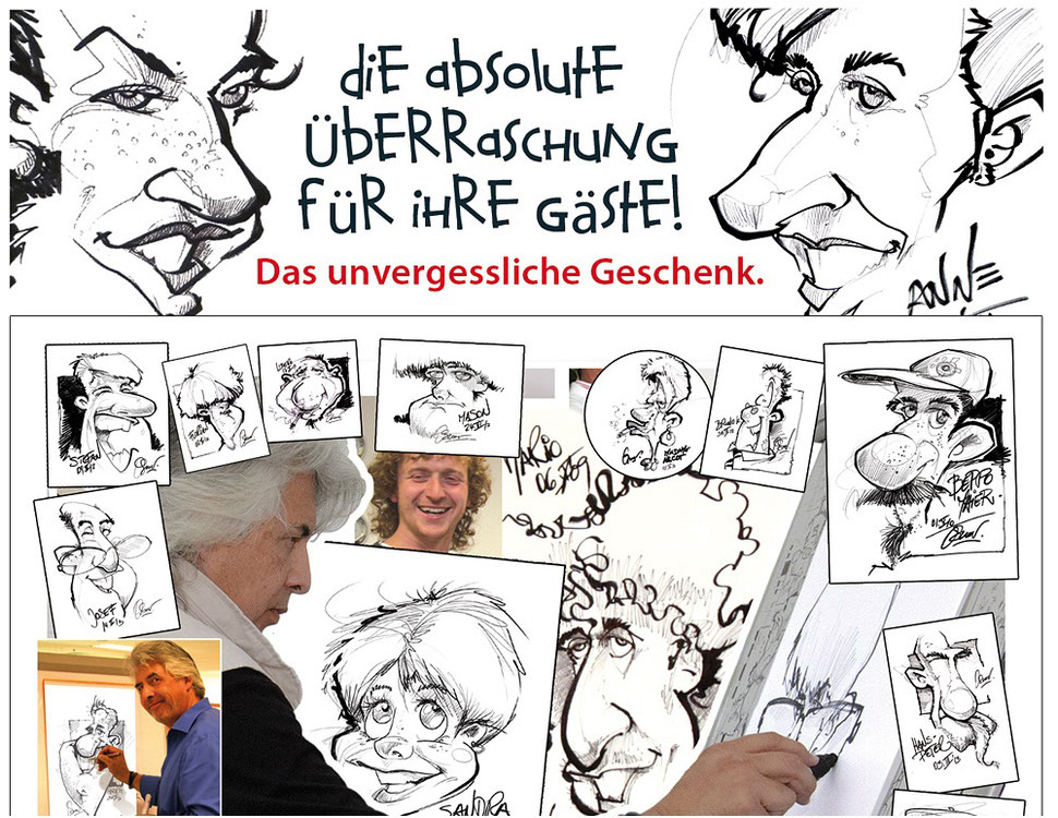 Der Messezeichner und Karikaturist kommt auf die Messe Berlin und sorgt für mehr Messebesucher an Ihrem Messestand. Mit digitalen Karikaturen oder auf A2 Blatt in schwarz weiss sorgt er für Unterhaltung Messestand. Der Eyecatcher und Publikumsmagnet. 