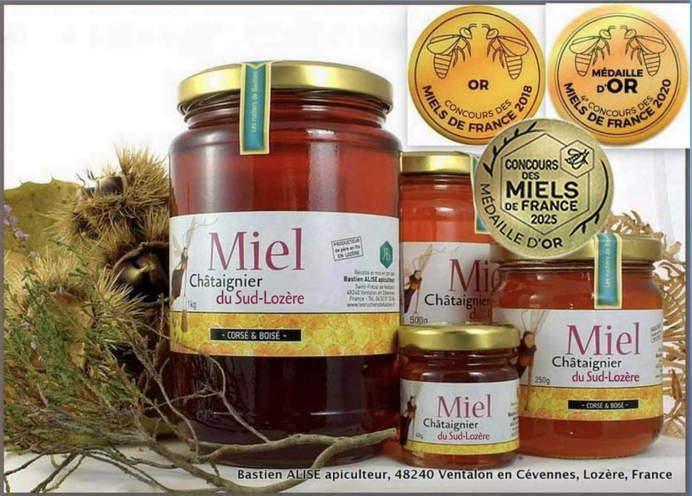 Pots miel chataignier de Bastien ALISE apiculteur à 48240 Ventalon en Cévennes Les Ruchers de Bastien