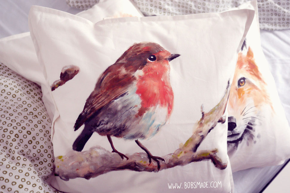 Bobsmade painted pillow robin Rotkehlchen Kissen