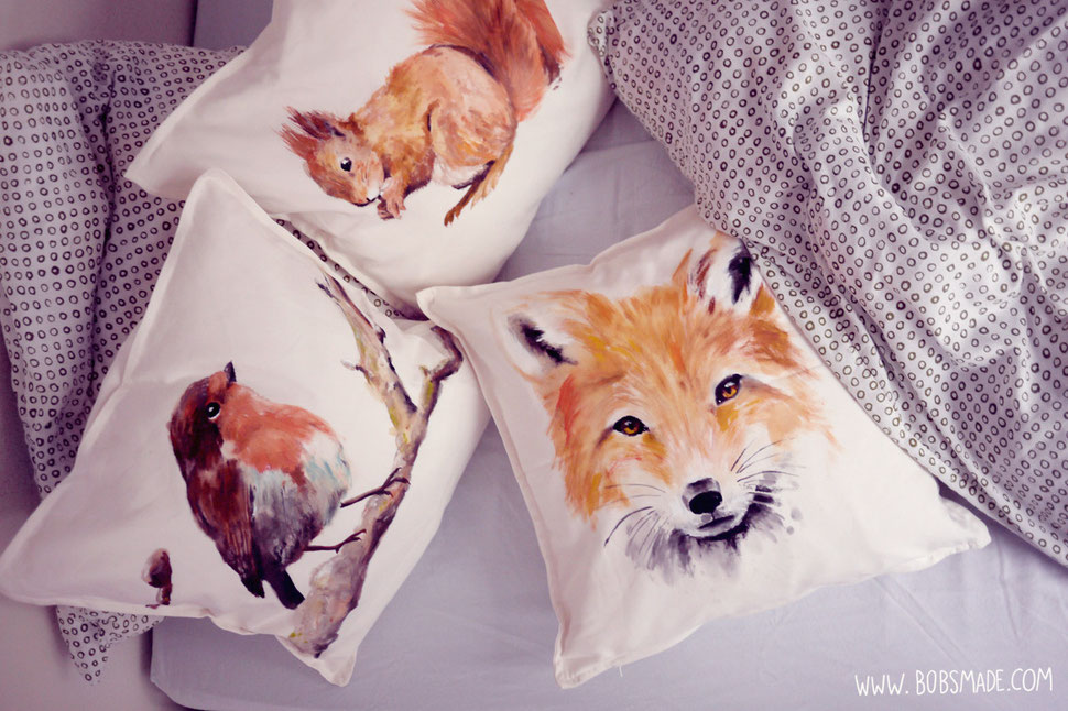 Bobsmade painted pillow robin squirrel fox