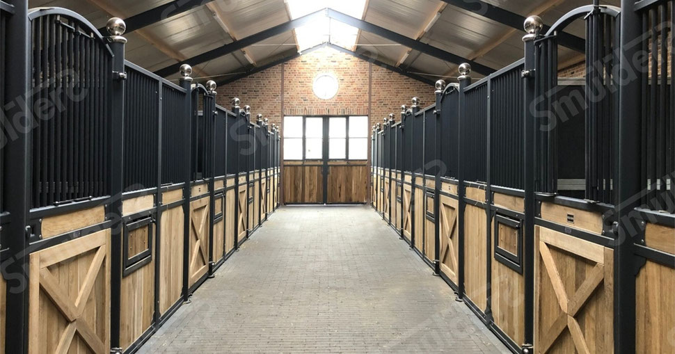 Pferdebox Modell Windsor von Fischer Stalltechnik – ausgestattet mit eleganter Eiche-Holzfüllung und langlebigem, RAL-beschichtetem Stahlrahmen