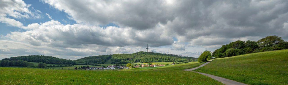 Battenhausen mit dem Gasthof "Zum Hohen Lohr" im Hintergrund der Berg "Hohes Lohr" eingebettet in den Naturpark Kellerwald-Edersee in der nordhessischen Grimmheimat