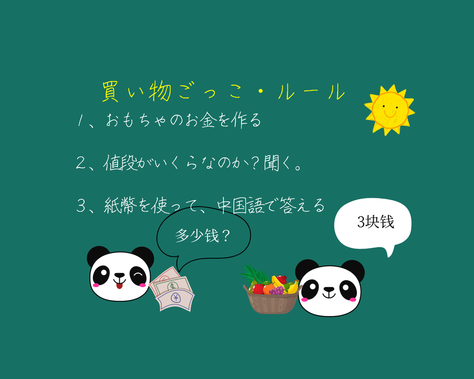 買い物ごっこのルール、1、お金を作る、2、値段がいくらなのか?聞く、3、紙幣を使って、中国語で答える。