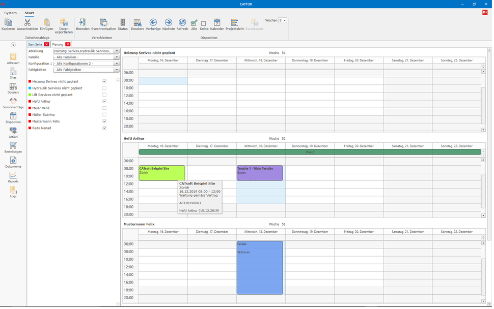 CATTOR Planning Screen with FSE Calendar and unplanned Orders