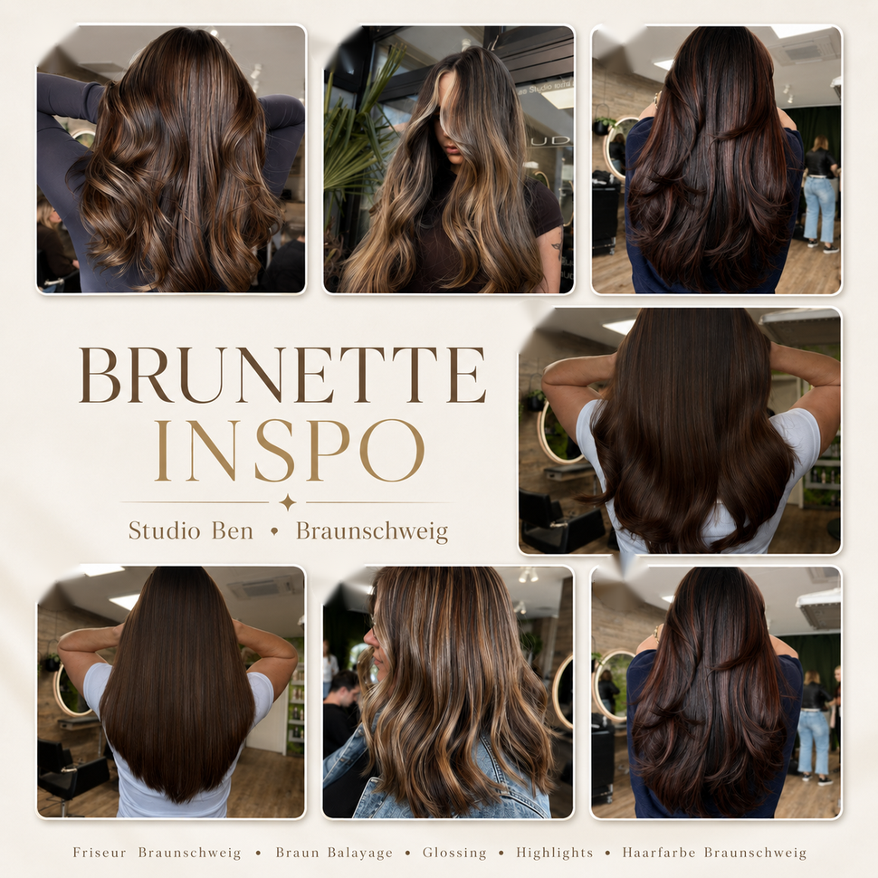 sanfte Highlights und natürliche Tiefe. Braune Haarfarben mit Glossing, Highlights und Braun Balayage bei Studio Ben Braunschweig
