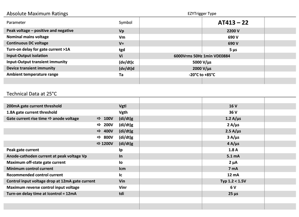 Technical specifications  of active Trigger Unit for SCR / thyristor control by logic circuit output signals from microcontrollers, microprocessors, CPLDs or FPGAs including datasheet