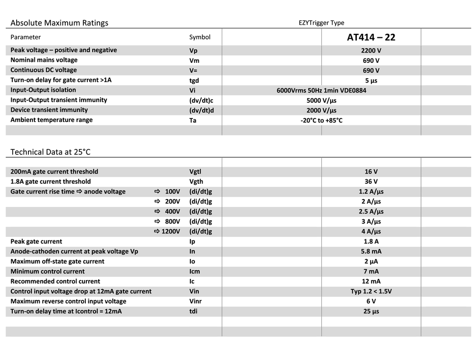 Technical specifications  of active Trigger Unit for SCR / thyristor control by logic circuit output signals from microcontrollers, microprocessors, CPLDs or FPGAs including datasheet