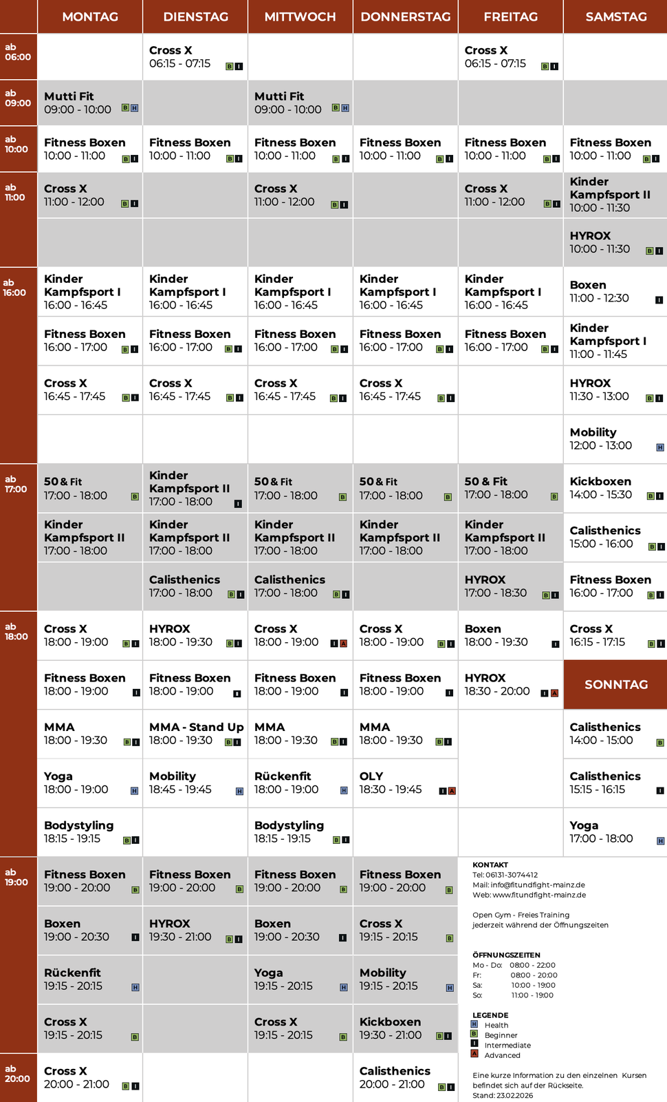 Wochenplan mit Kursübersicht im Fitness- und Kampfsportstudio Fit & Fight Mainz mit allen Trainingszeiten und Kursen