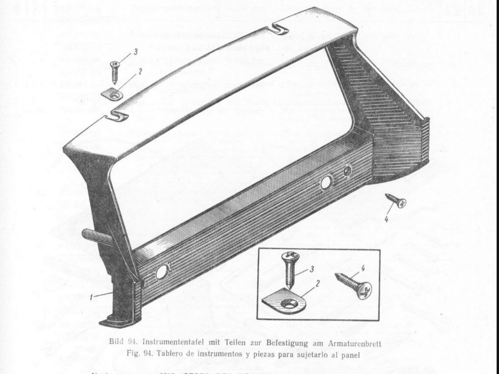 Instrumententafel mit Teilen zur Befestigung am Armaturenbrett Moskwitsch 408/412. Instrument panel with parts for mounting on the dashboard Moskvich 408/412. Щиток приборов и детали его крепления к панели Москвич 408/412.
