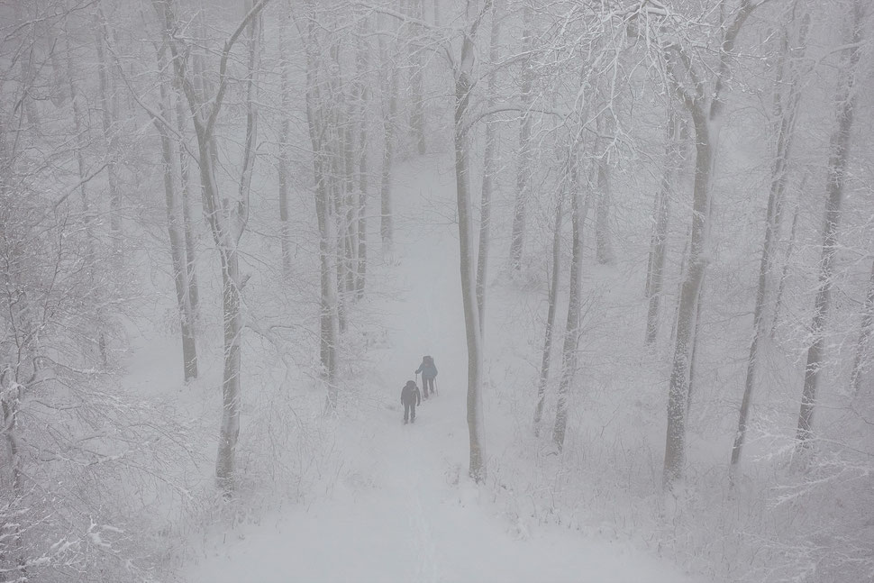 The image shows the photograph of two hikers walking through a snowy forest in a bird's eye view. 