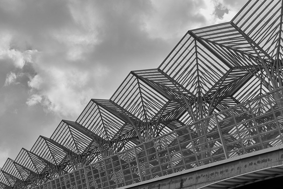 The image shows a photograph of architectural structures over a bridge near the metro station Orient in Lisbon.