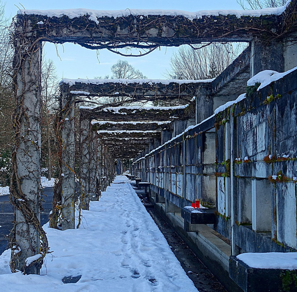 The photograph shows an image of an urn wall with one single red grave candle. The cemetery is in Bümpliz, the western part of Bern.