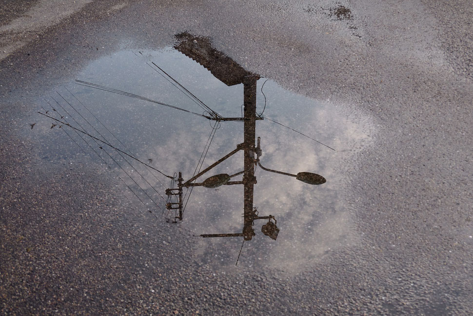 The picture shows a photograph of a telephone pole and wires reflected in a puddle on the street. Some birds can be seen on the wires.