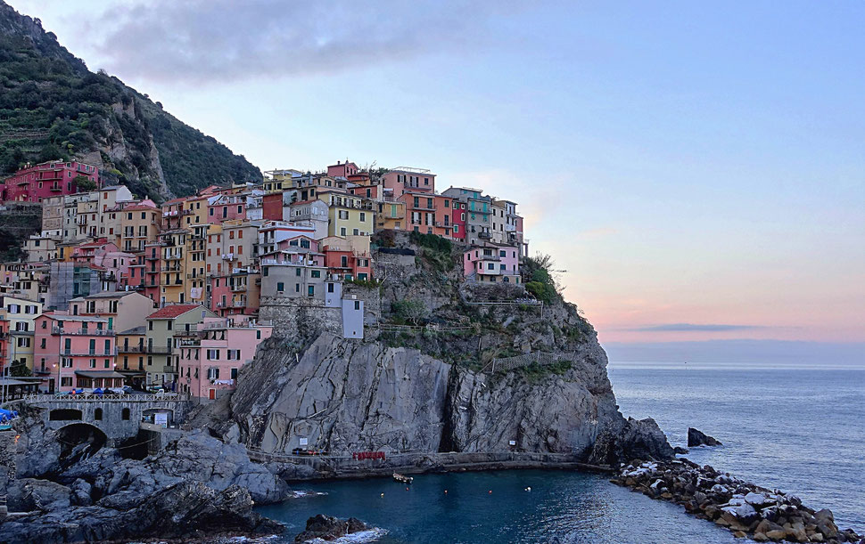 The image shows the photograph of the Italian village Manarola, which is built on rocks on the coast of the sea.