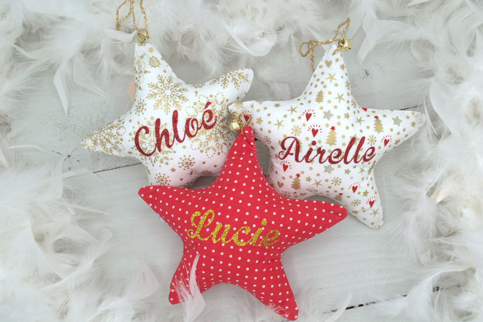 Etoile personnalisée noël prénom tissu Rose irisé / Etoile déco baptême - Idée cadeau premier noël