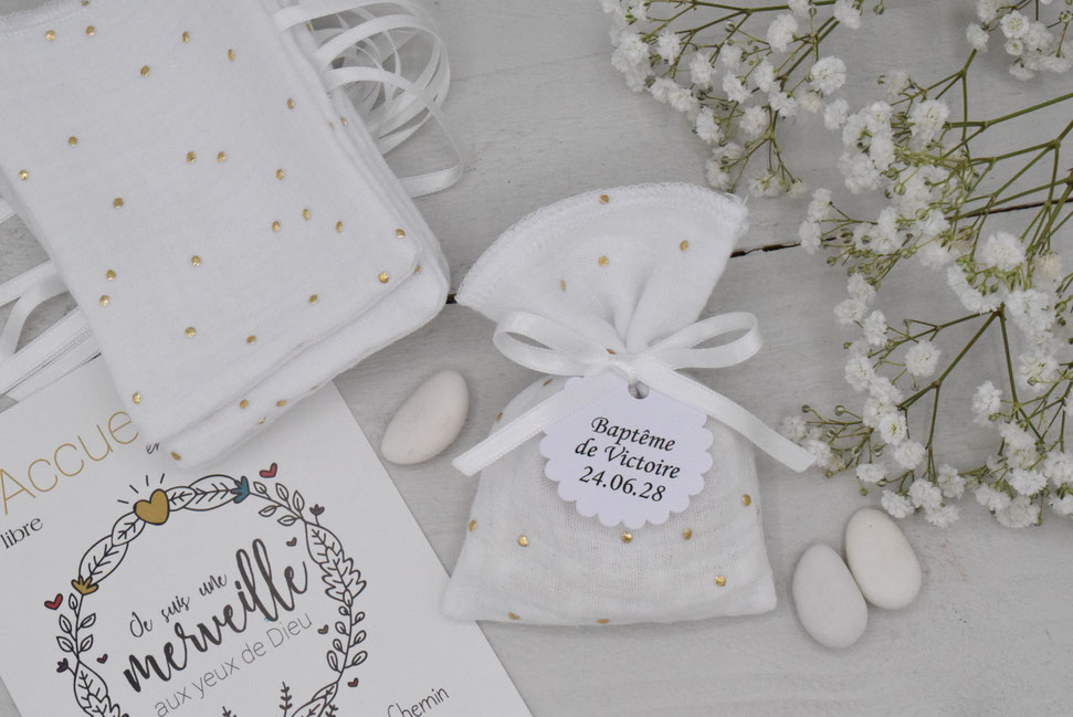 pochons dragées double gaze blanc pois doré