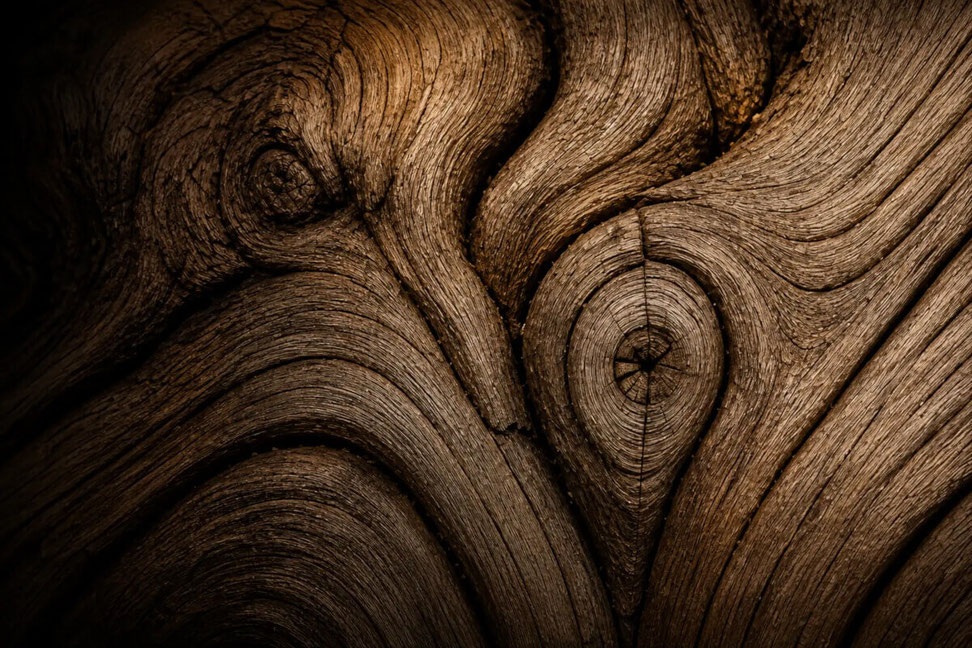 Detailaufnahme natürlicher Holzmaserung und gewachsener Struktur als Grundlage charakterstarker Holzkunst von Jess Black