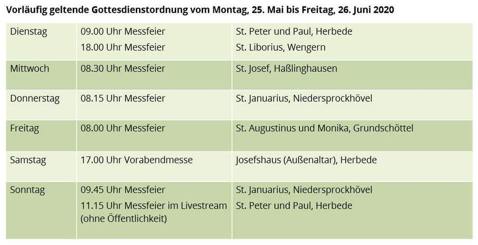 Gottesdienstzeiten und -orte in der Zeit vom 25.05. bis zum 26.06.2020 in unserer Pfarrei