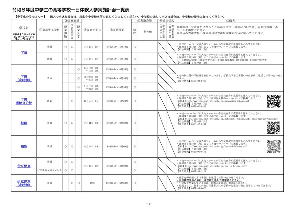 静岡県公立高校入試,一日体験入学実施予定表