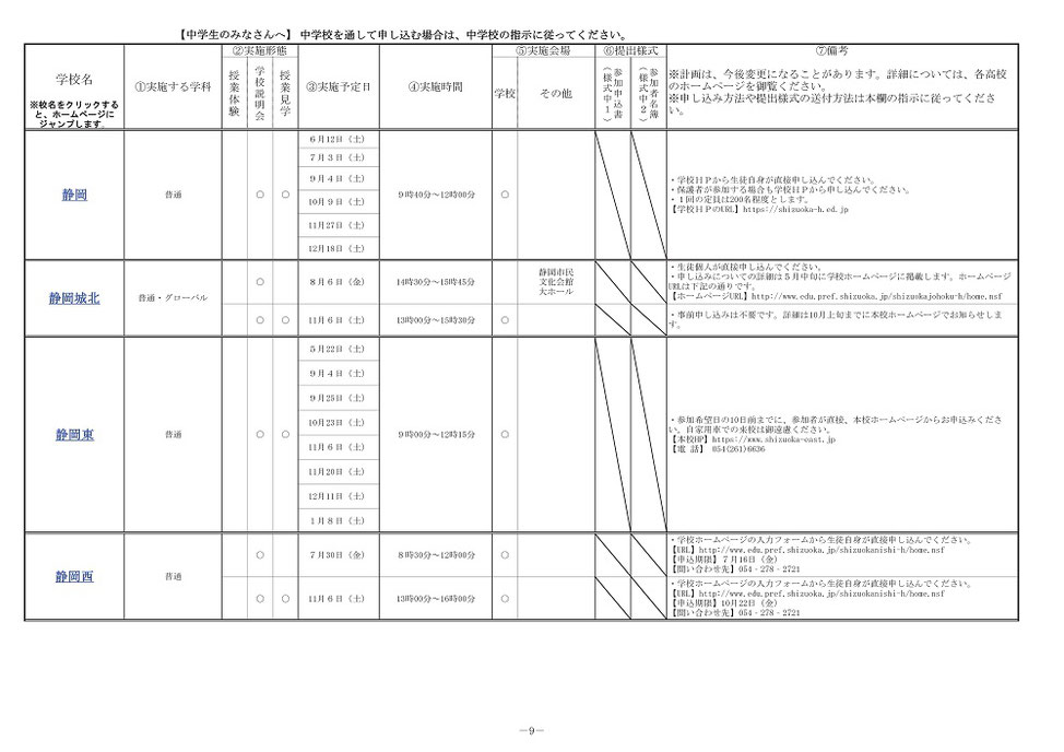 静岡県公立高校入試,一日体験入学実施予定表