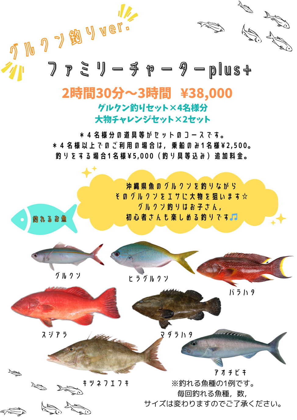 ファミリーチャーターplus+グルクン釣りver.のコース料金 所用時間 釣れる魚の写真