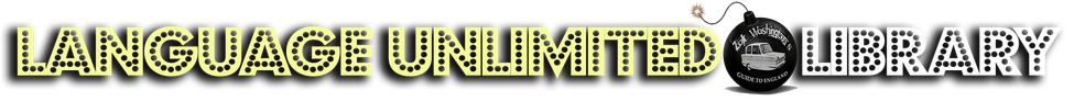 Title header with words 'Language Unlimited Library' in yellow British-style retro font