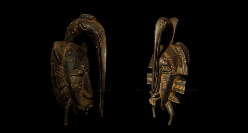 Senufo Kpelié mask with large Calao hornbil, unknown carver, both region of Korhogo