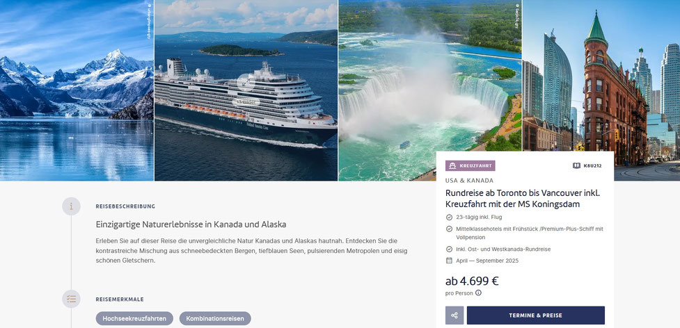Kombiknüller Holland Amerika Kreuzfahrt Alaska ab Vancouver mit Kanada Rundreise von Toronto bis zur Abfahrt Vancouver incl. Fluganreise 2025 buchen