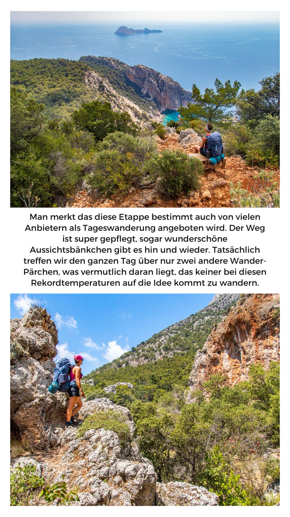 Mehrtagestrekking auf dem Lykischen Weg in der Türkei - wandern fernab der Zivilisation in einer traumhaften Landschaft umgeben von Meer, Klippen und Bergen. (hier: Etappe 12 von Karaöz nach Adrasan)