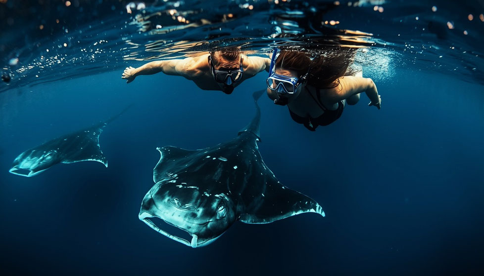Unterwasseraufnahme beim Schnorcheln vor Nusa Penida, Bali: Ein Paar beobachtet von der Wasseroberfläche aus riesige Mantarochen, die im blauen Ozean unter ihnen gleiten