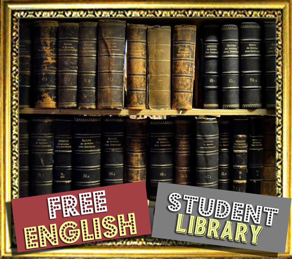 Vintage bookshelves full of old books in an antique gold picture frame with words FREE ENGLISH STUDENT LIBRARY in British-style fancy font
