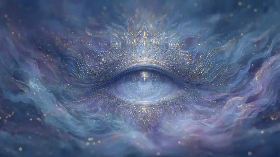 Eine mystische und ätherische Darstellung eines Auges, umgeben von wirbelnder kosmischer Energie, mit komplizierten Mustern und leuchtenden Sternen, die aus der Iris hervorgehen, vor einem Hintergrund aus tiefblauen Farbtönen und sanften violetten Wolken.