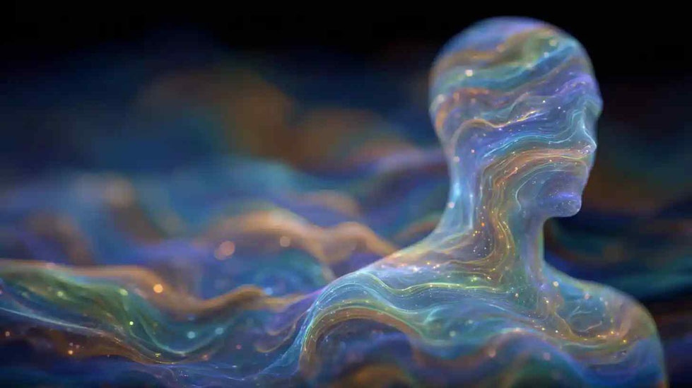 Eine holografische Darstellung der menschlichen Form mit fließenden Wellen und ätherischen Farben, die den Energiefluss durch verschiedene Körperteile darstellen. Der Hintergrund ist dunkel, um die Details hervorzuheben.