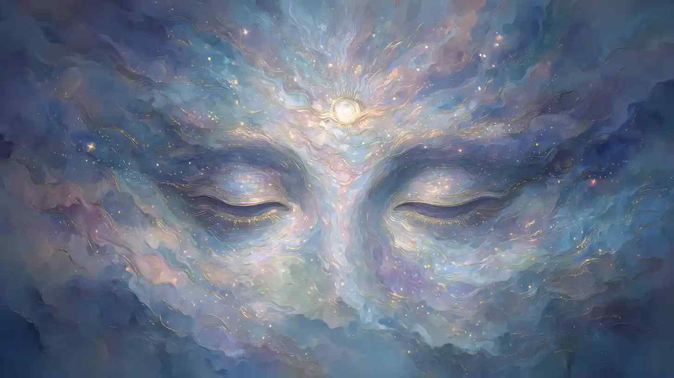 Ein wunderschönes Gemälde des Gesichts eines ätherischen Wesens aus Licht und Sternenstaub. Die Augen sind in Meditation geschlossen, es schwebt durch den Raum. Pastellfarben, göttliche Schönheit, reine Energie, strahlende Aura, göttliche Präsenz und eine