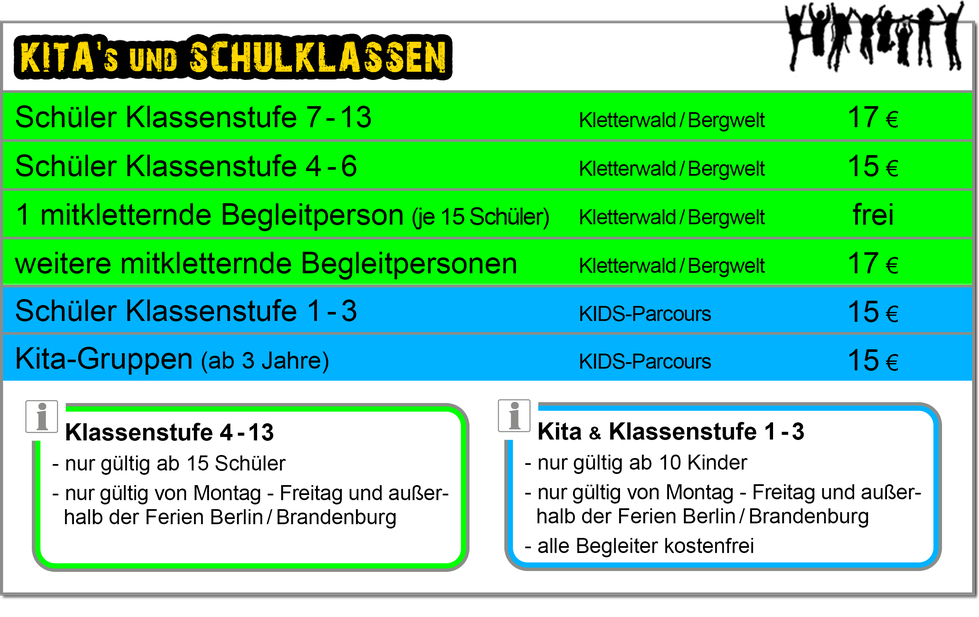 CLIMB UP - Kletterwald, Preise für Schulklassen und Kindergarten