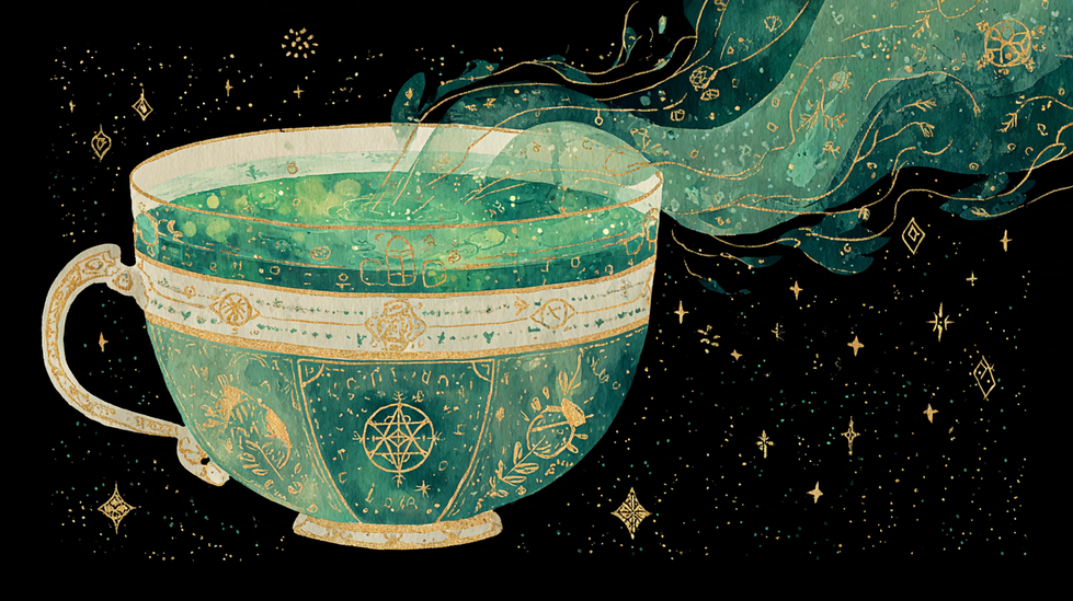 Eine wunderschöne Illustration einer smaragdgrünen Teetasse mit goldenen Mustern, gefüllt mit dampfendem Tee und schwebend im Raum, umgeben von Sternen, im Stil des Jugendstils