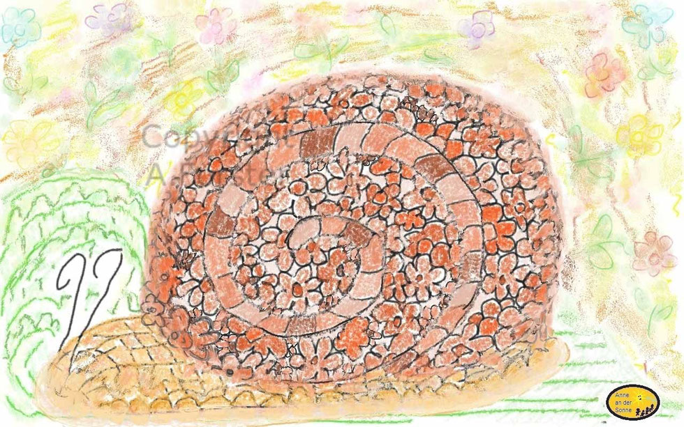 "Schneckchen" heißt unser Bild. Wir sahen uns eine Schnecke im Garten an. Die Kinder anden sie interessant, aber ekelig. Kurzer Hand wurde sie auf unseren Papier verschönert.