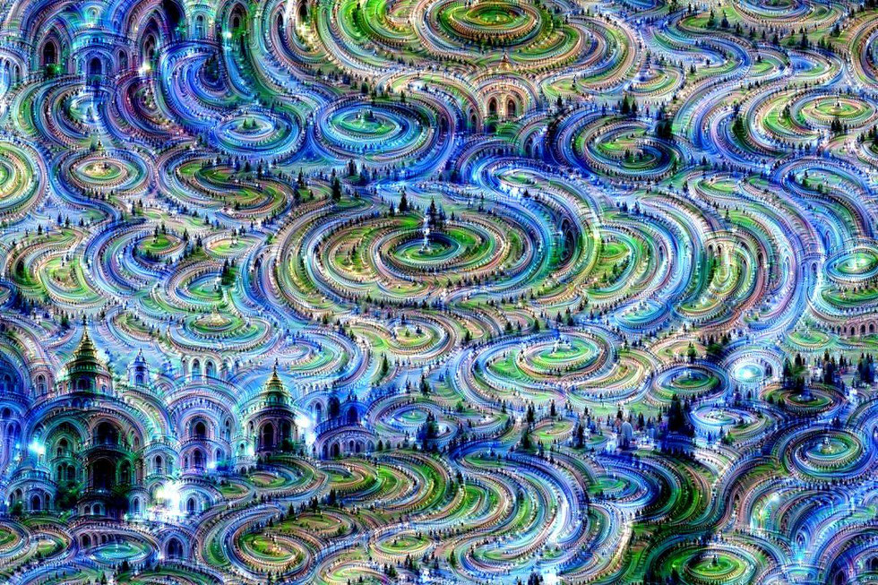 Deep dream projet de Google Research, délire pour réseau artificiel de neurones, courbes spirales bleues entremmélées #Provence #AyniArt #France Blog Inceptionnisme