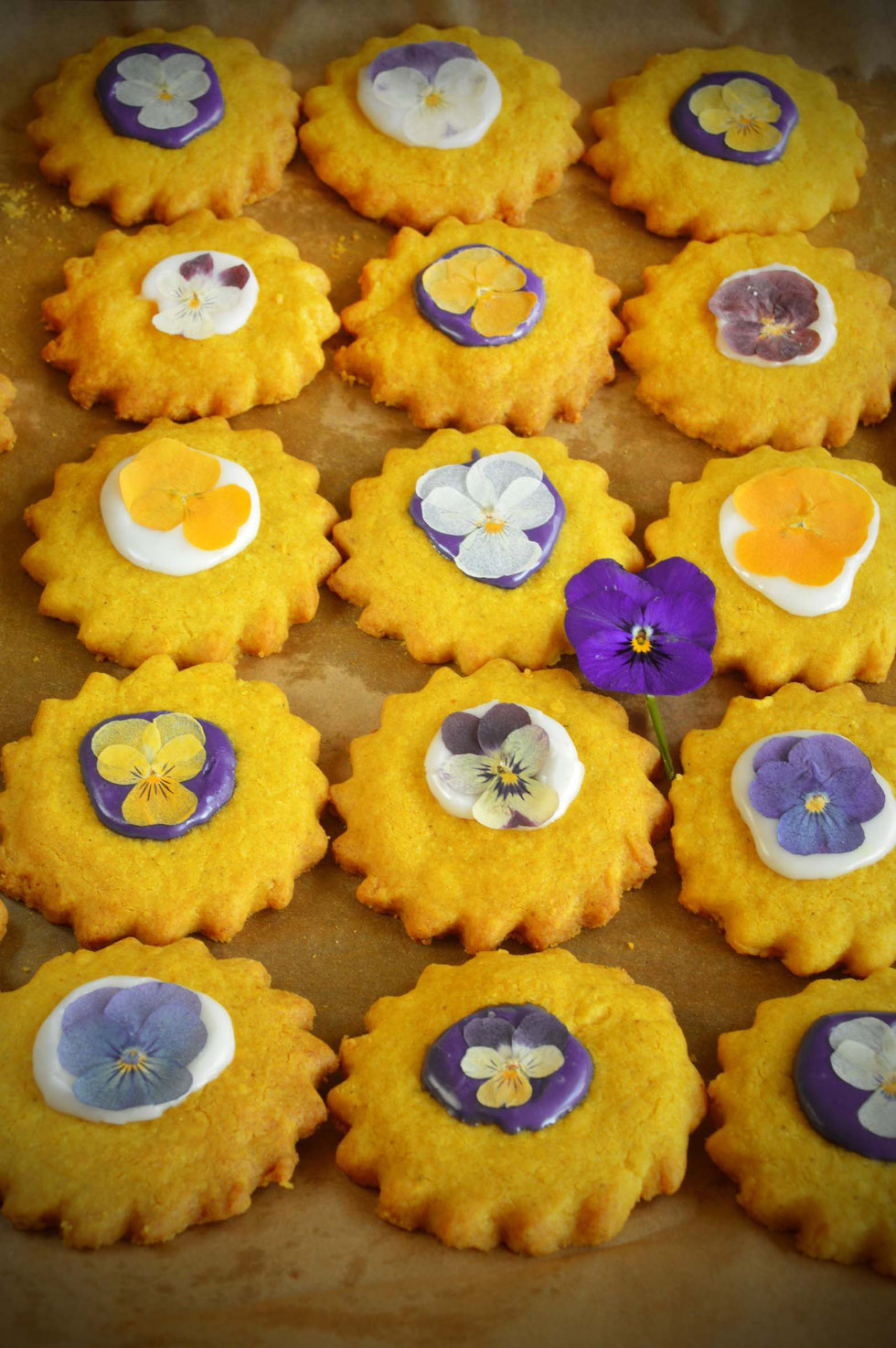 Kekse, Cookies, Sonne, Frühling, Goldene Milch, Kurkuma, Ingwer, shortbread, essbare Blüten, Hornveilchen, backen, Rezept, Goldene Milch Cookies, golden milk, Kräuterhexe, Küchenhexe, Gewürze, golden, 