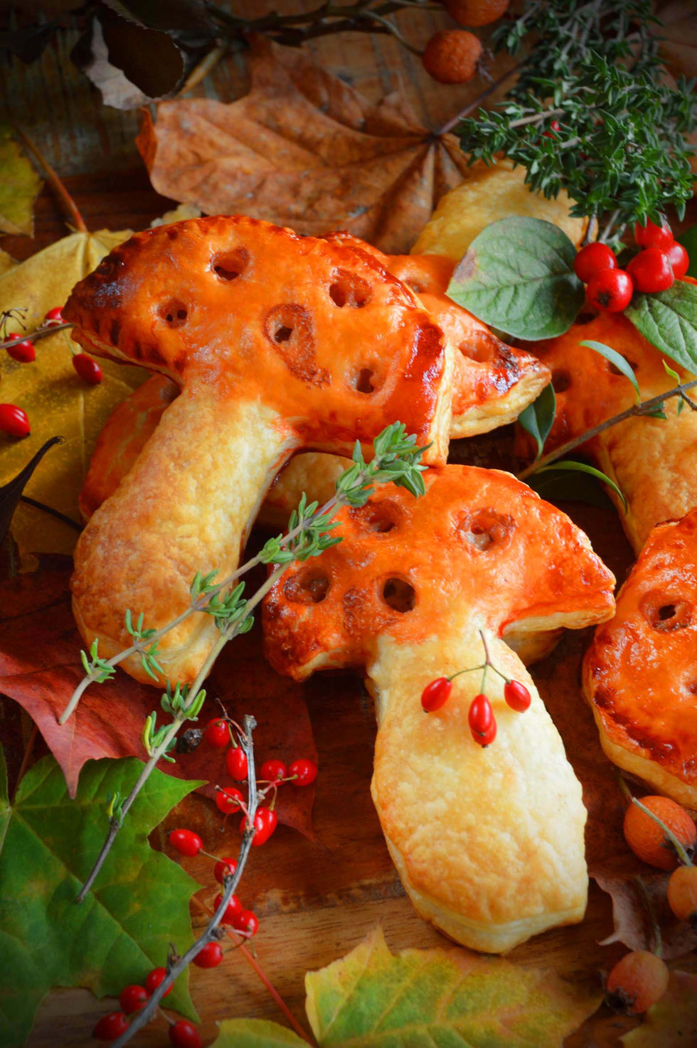 Pilze, Herbst, gefüllt, pie, fly agaric, Amanita muscaria,backen, Rezept, Pilz-Pie, Austernseitling, Fliegenpilz, Pilzform, Pilzfüllung, Blätterteig, Thymian, Ziegenfrischkäse, mini, hand pies, mushroom hand pies, Küchenhexe, grüne Hexe, oyster mushrooms,