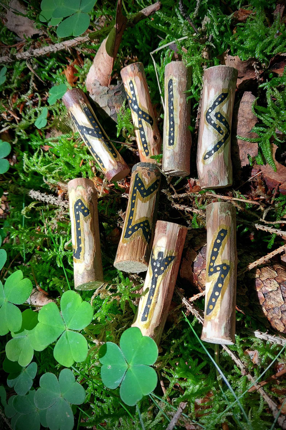 Rune, Runen, nordische, Futhark, älteres Futhark, Runenalphabet, Hagalaz, Naudiz, Isaz, Jera, Eihwaz, Perpo, Algiz, Sowilo, Götter, Odin, Mythologie, geschnitzte, Yggdrasil, Lupinen, Wald,