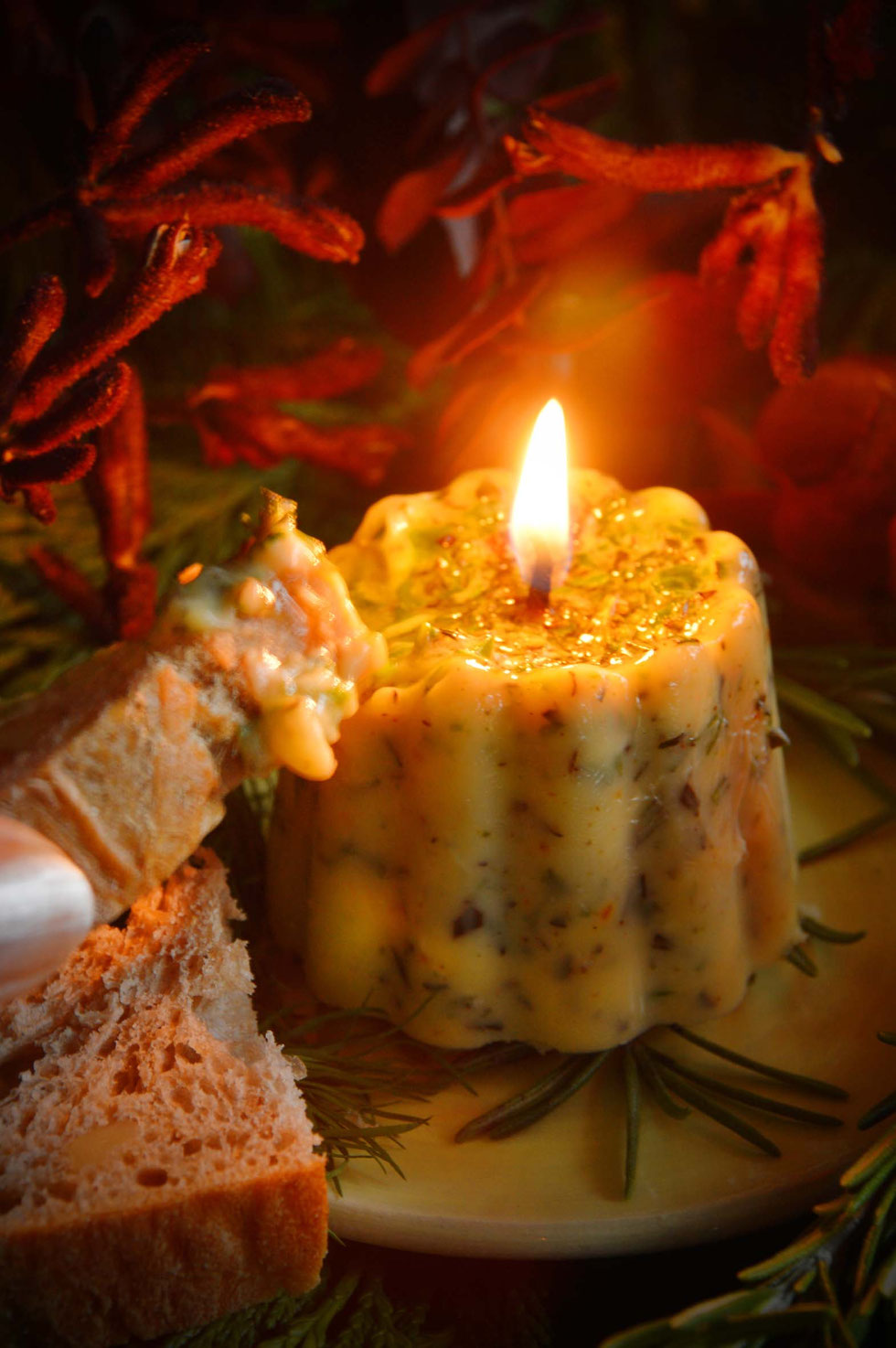 Kräuter, Gartenkräuter, Wildkräuter, Kerze, Butter, Kräuterbutter, Kräuterbutterkerze, Bienenwachsdocht, Rosmarin, Dill, Thymian, essbare Kerze,  Kräuterhexe