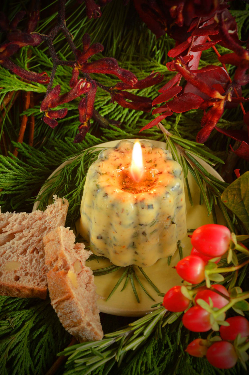 Kräuter, Gartenkräuter, Wildkräuter, Kerze, Butter, Kräuterbutter, Kräuterbutterkerze, Bienenwachsdocht, Rosmarin, Dill, Thymian, essbare Kerze,  Kräuterhexe